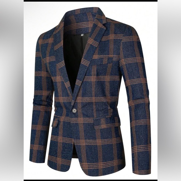 SHEIN Other - SHEIN Men's Check Plaid Single Button Blazer Navy Blue & Orange Size - L NWOT